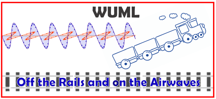 A line art train lifting off the tracks and flying away with radio waves trailing behind it. WUML and OTR logos.